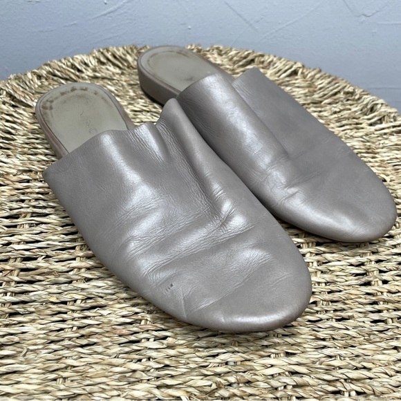 VINCE Oren Grey Neutral Leather Slip On Flat Mule Slipper Shoes Size 5 - Picture 2 of 7
